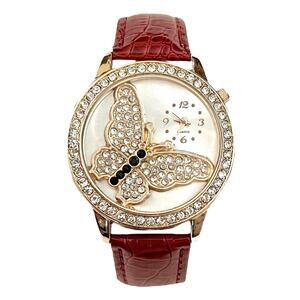 Women's RHINESTONE BUTTERFLY Watch Red Faux Leather Strap - NEW BATTERY